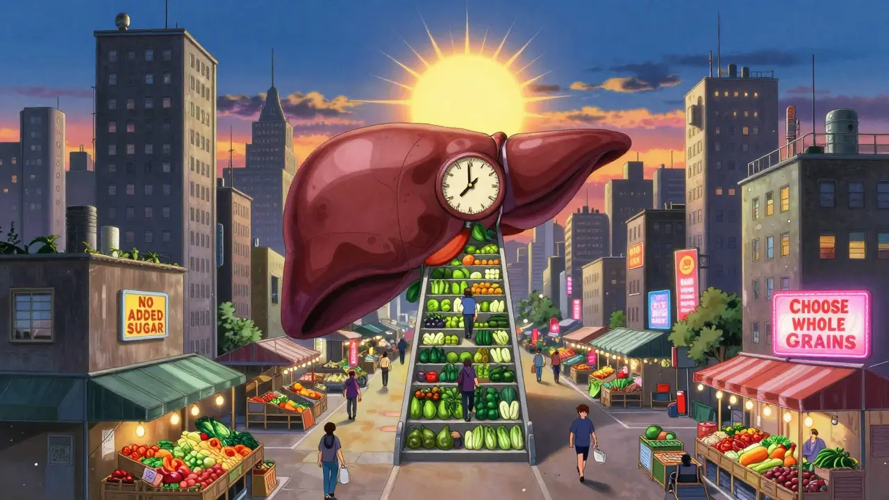 A cyberpunk city where organs are buildings, and citizens choose healthy foods amid neon dietary warnings.