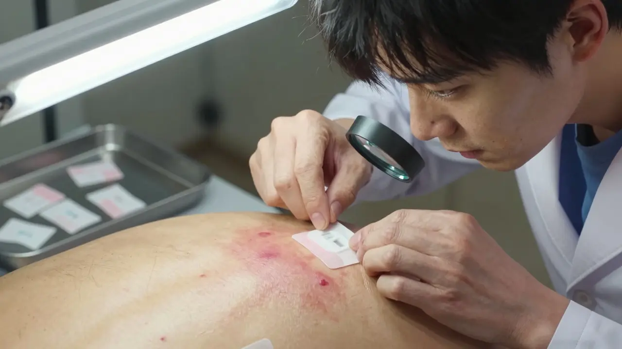 A dermatologist removing patch test patches while examining the skin for reactions.
