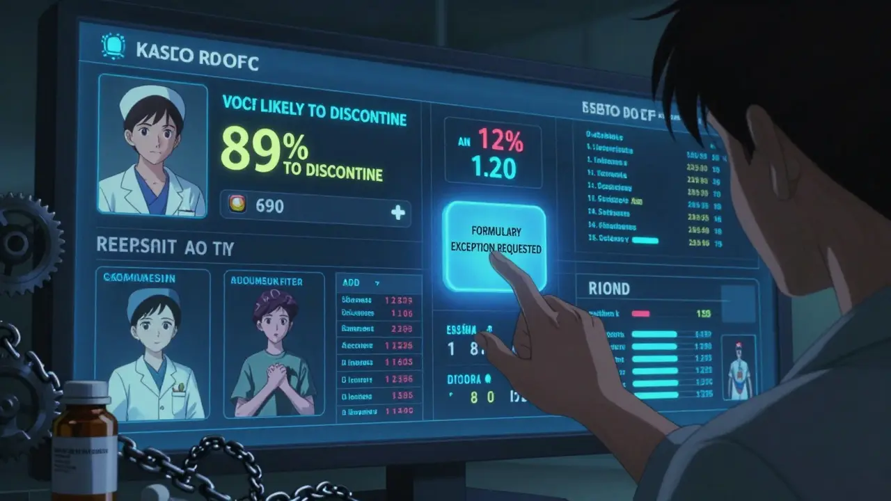 A doctor watches AI predictions on a clinic dashboard, with a formulary exception request glowing under cold light.