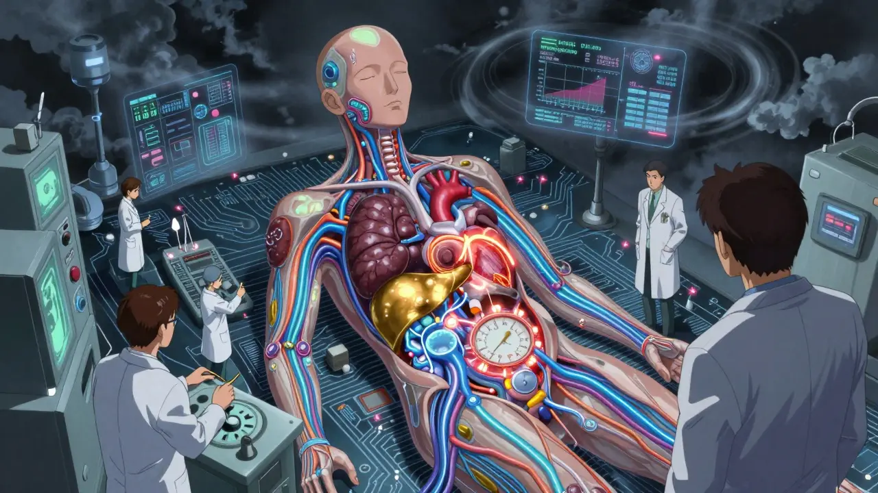 A human body as a glowing circuit board with organs as reactors, attended by tiny pharmacists adjusting dosages.