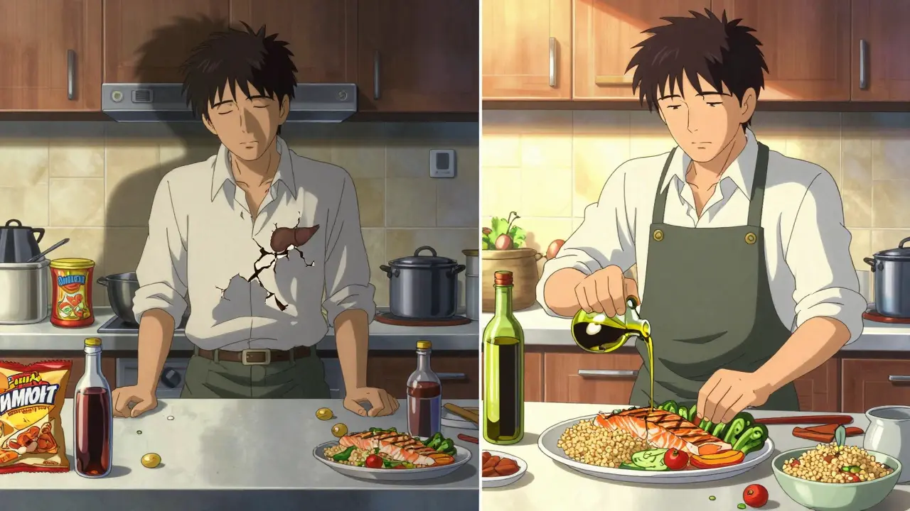 A man transitioning from a junk food kitchen to preparing a Mediterranean meal with warm, hopeful lighting.