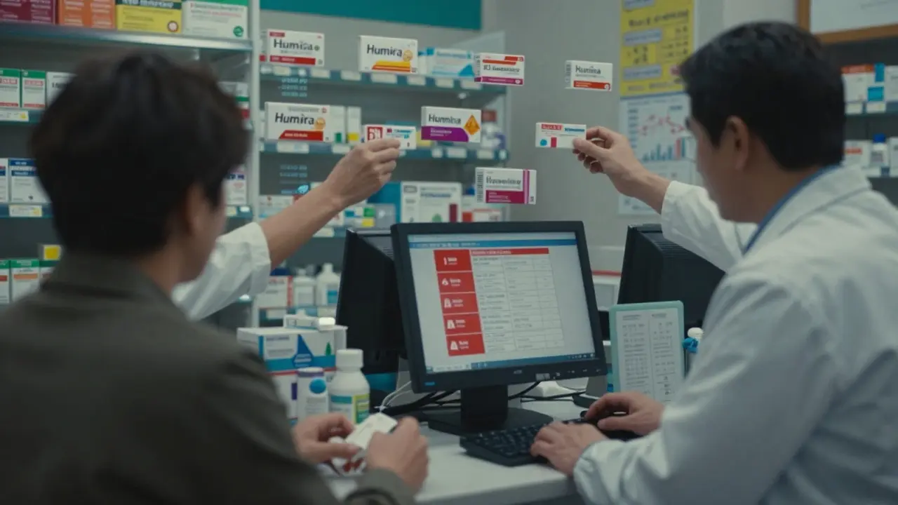 A pharmacist hesitates at a counter as drug logos vanish from a glowing screen amid financial data overlays.