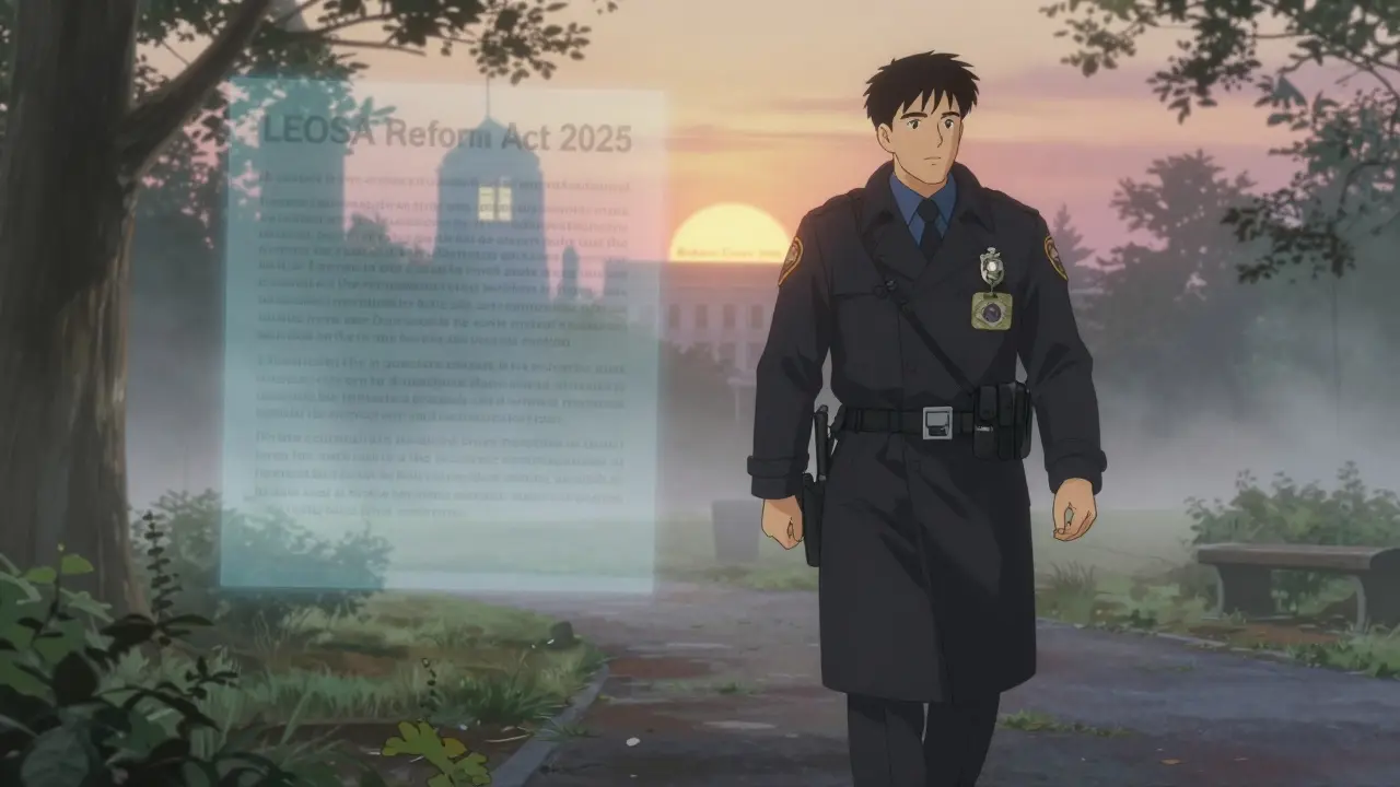 A retired officer walking through a national park with a ghostly overlay of the LEOSA Reform Act text, dawn light breaking behind him.