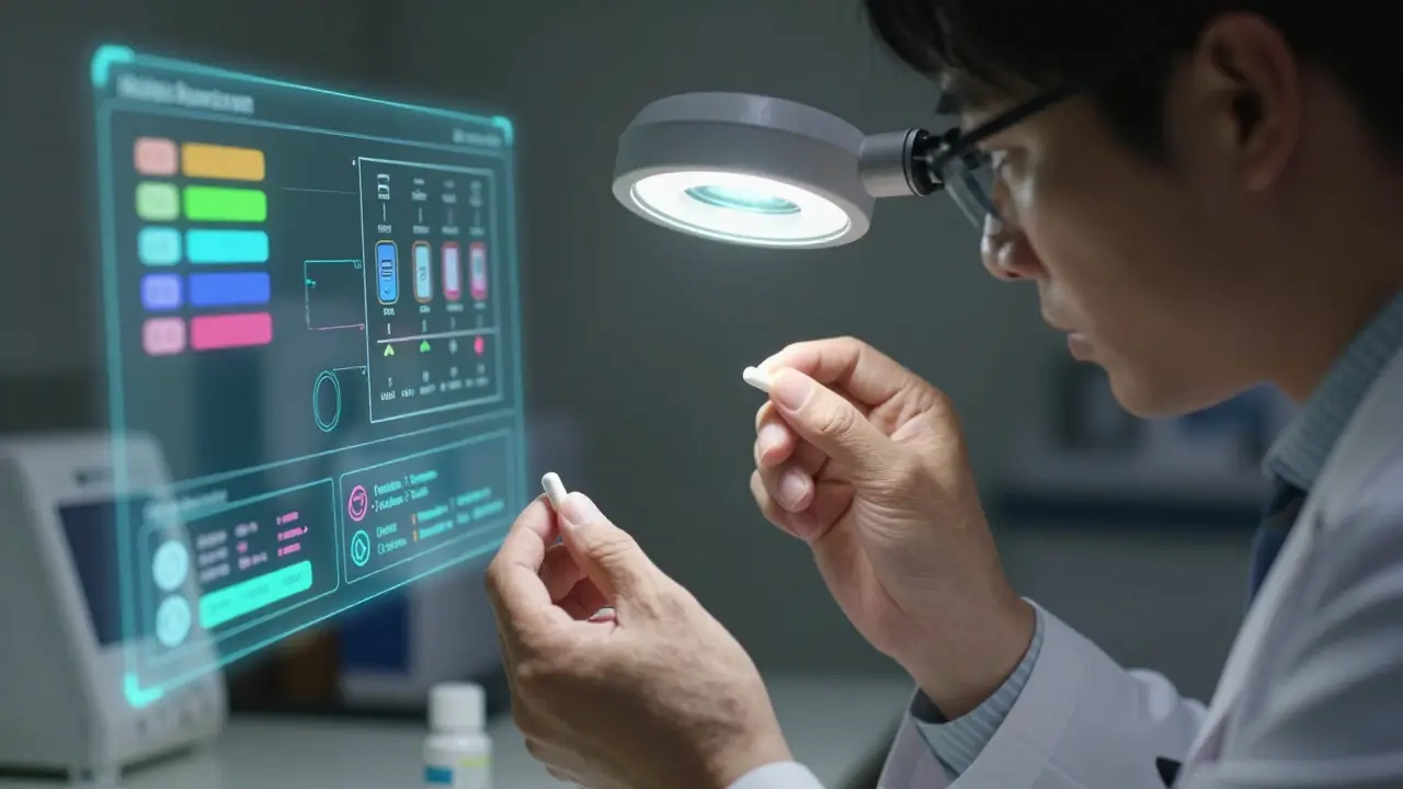 A safety officer examines two similar pills under a lamp with digital workflow overlays.