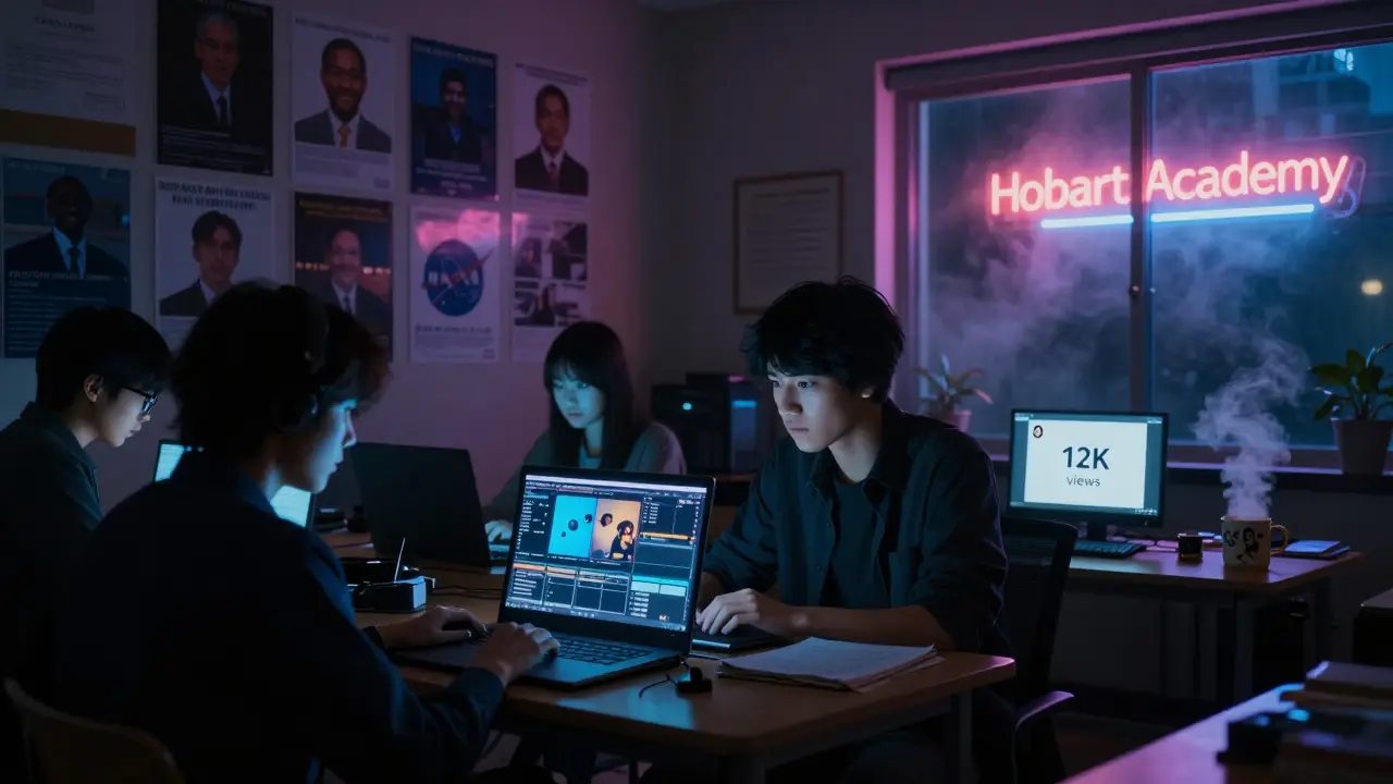 A student team editing social media content in a dim classroom with alumni posters and a glowing laptop.