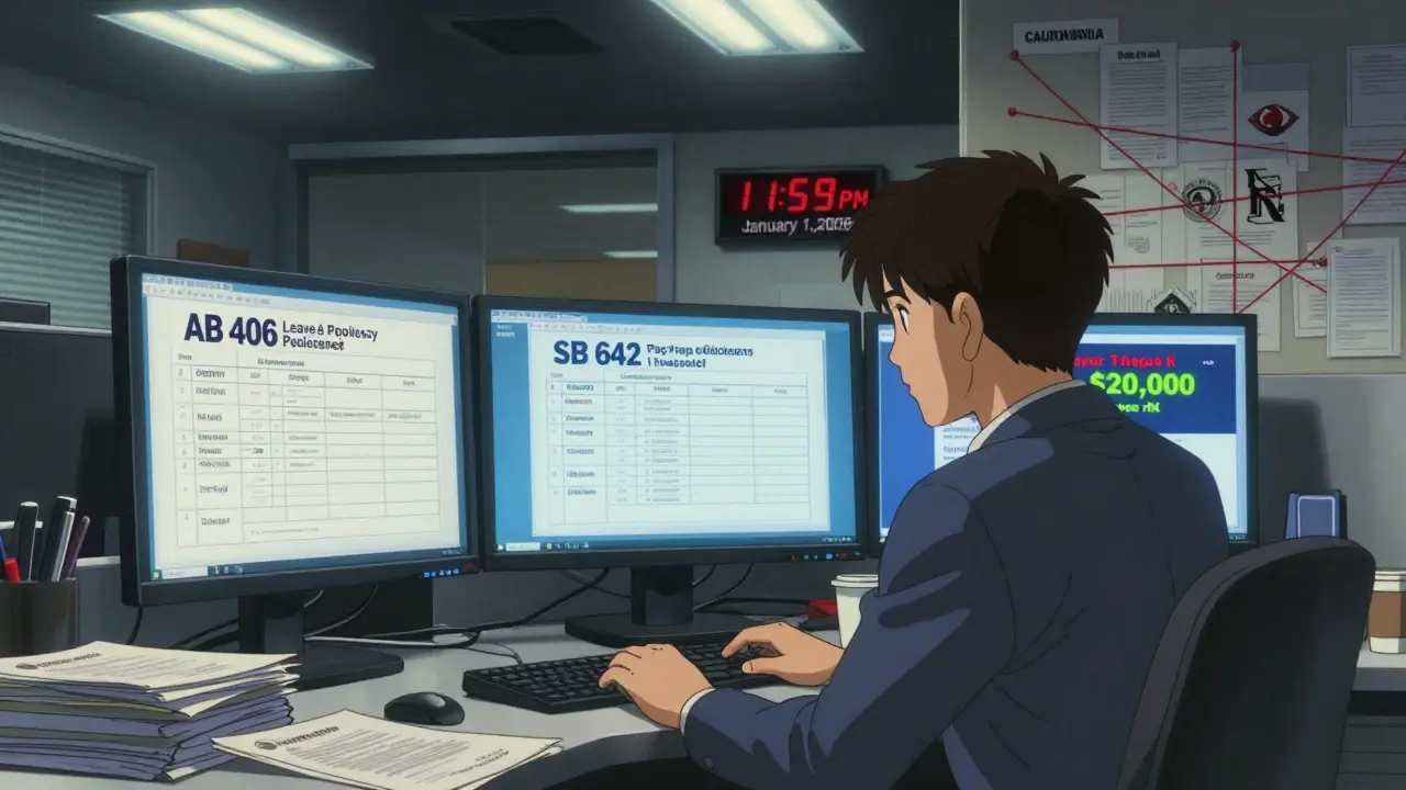 A tired HR manager surrounded by glowing screens showing California labor laws and IRS tax thresholds in a dim office at midnight.