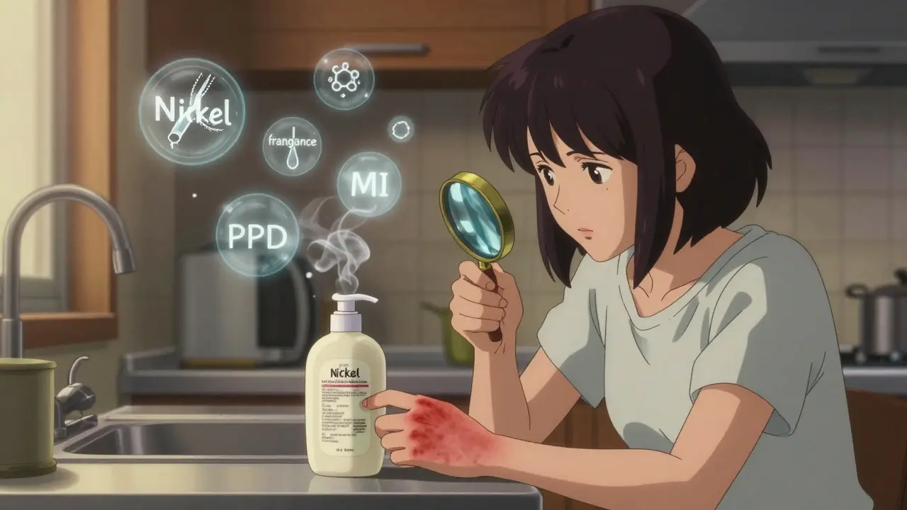 A woman examining a lotion label closely, her hand irritated, with hidden allergens floating nearby.