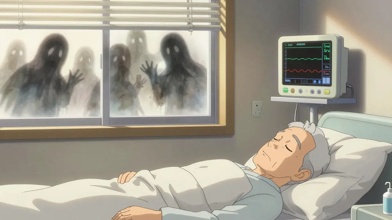 An elderly patient sleeping peacefully beside a monitor showing a stable adrenal mass, with abstract shadows of anxiety fading in soft dawn light, Katsuhiro Otomo style.