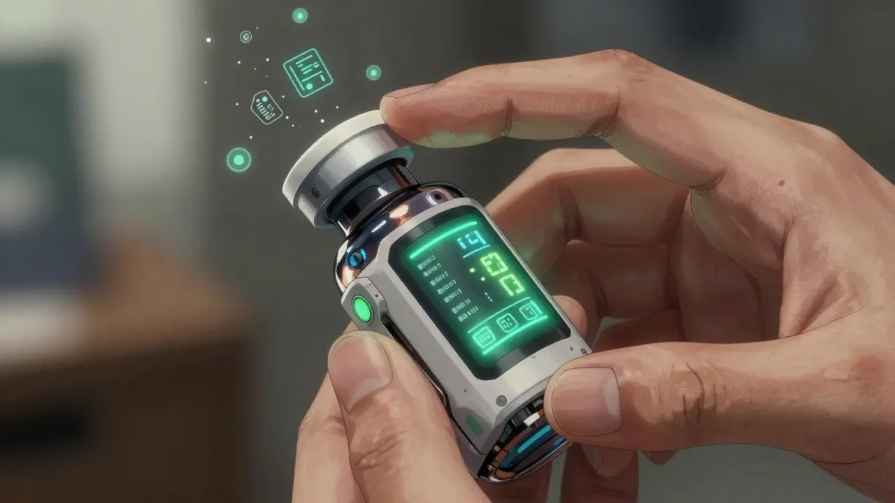 Close-up of a smart medicine bottle with glowing indicators.