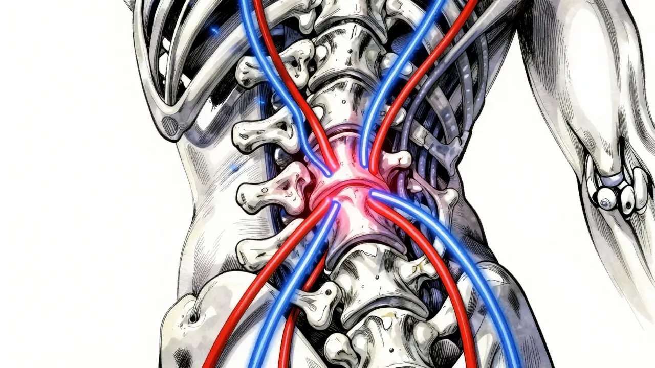 Compressed spine illustration with glowing nerves
