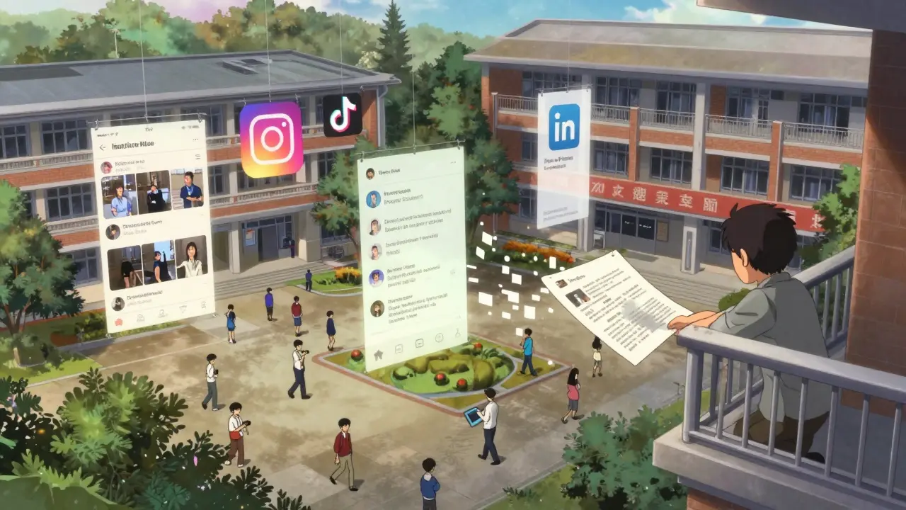Floating digital social media feeds hovering over a school campus at dawn as students walk below.