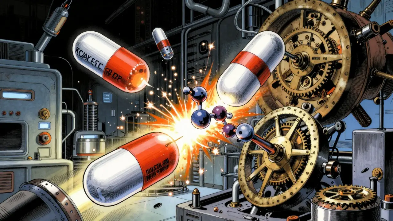 Laboratory scene with molecules unlocking from branded capsules.