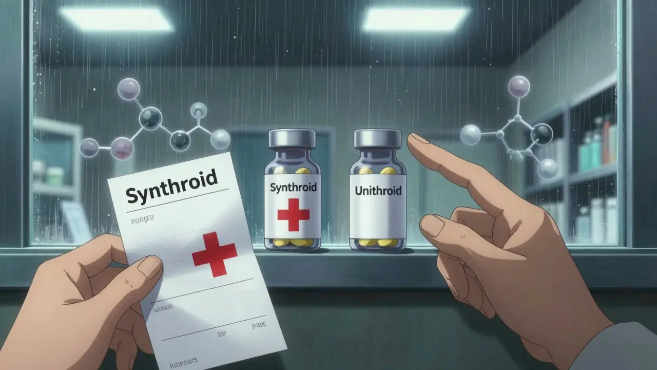 Patient and pharmacist comparing two medication vials with identical pills inside under dramatic lighting.