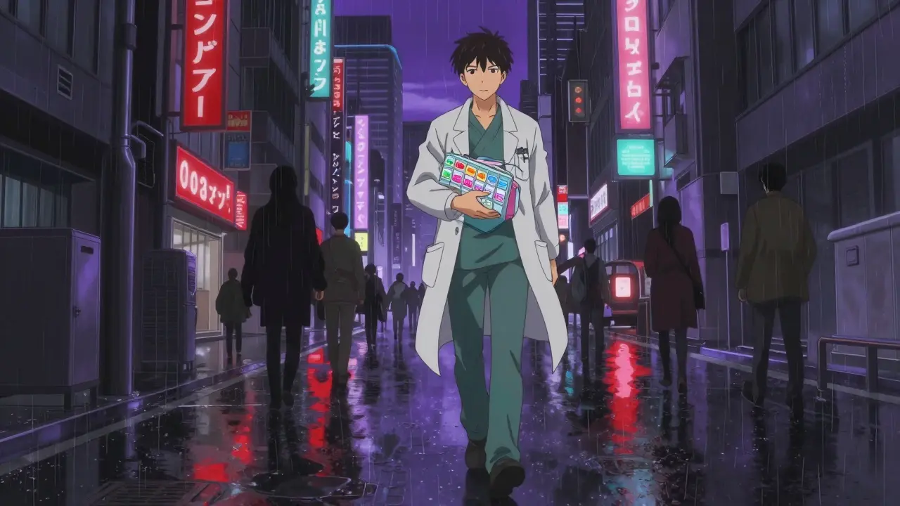 Patient walking through a rainy cyberpunk city with meds.