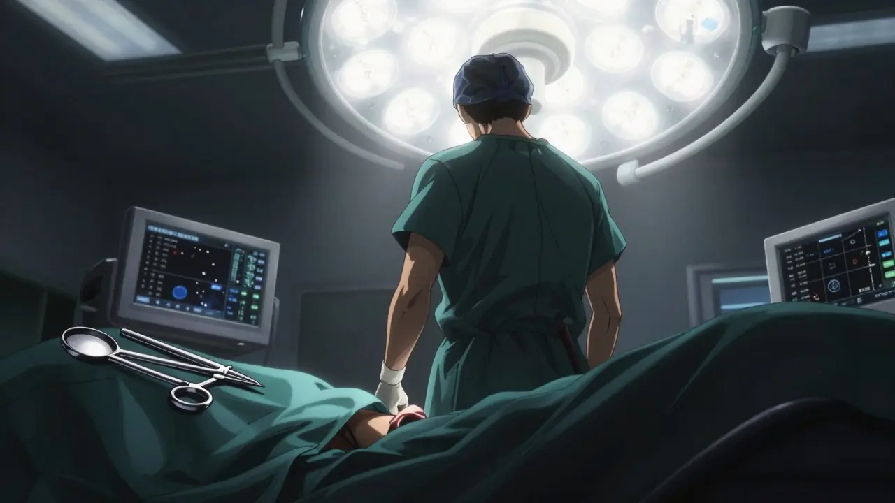 Surgeon silhouette in dramatic medical lighting