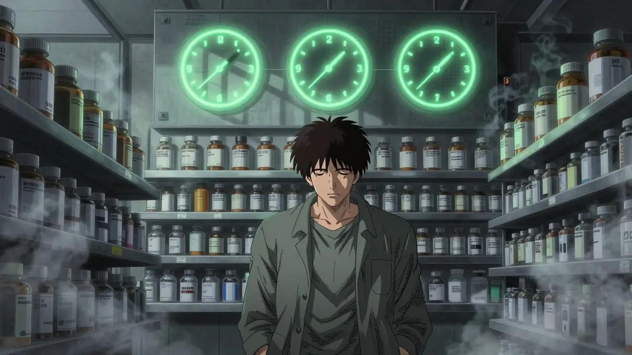 Weary patient before wall of bottles and glowing countdown rings.