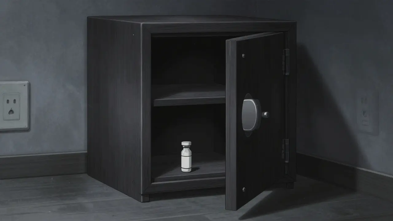A medicine tube stored safely inside a dark, dry wooden cabinet