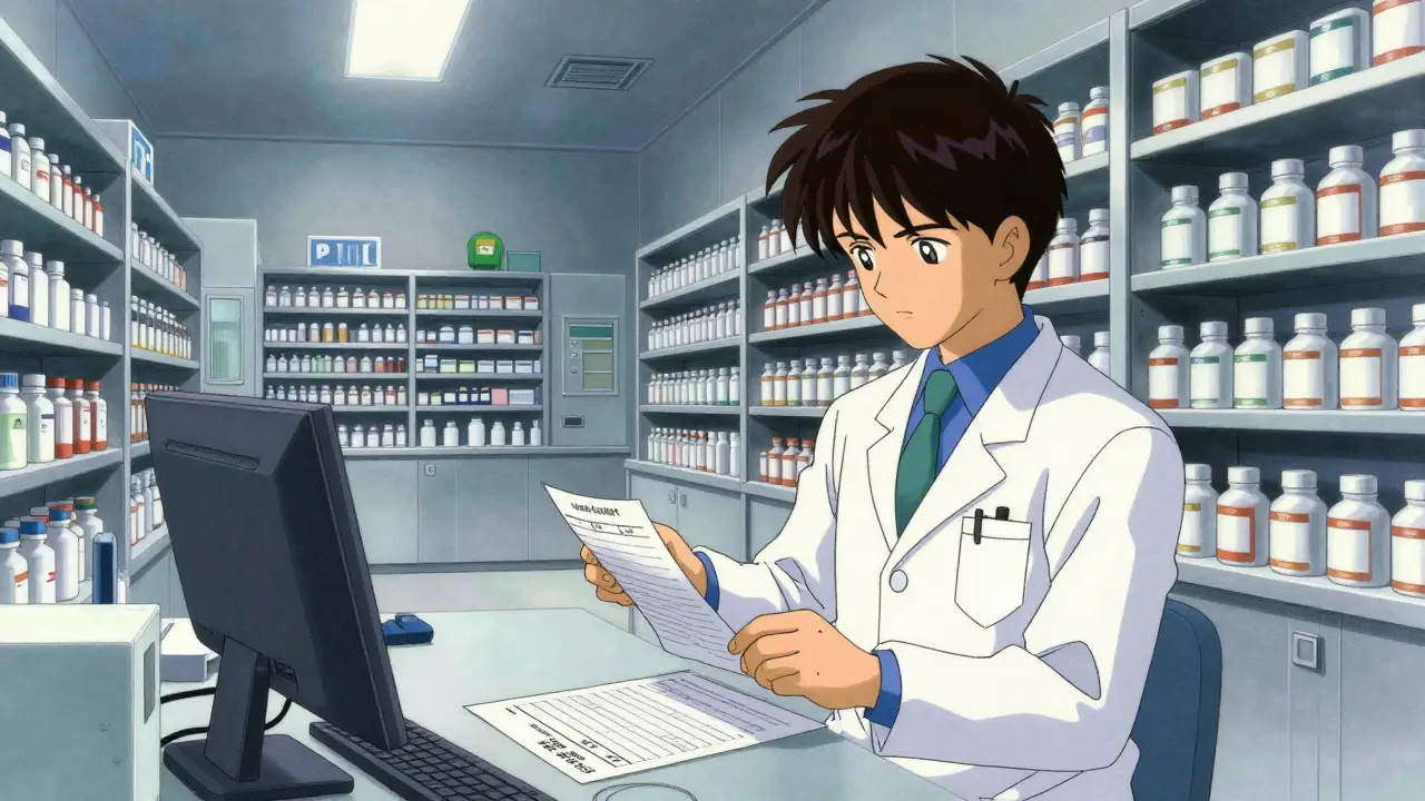 A pharmacist in a highly detailed, clinical pharmacy processing a paper prescription.