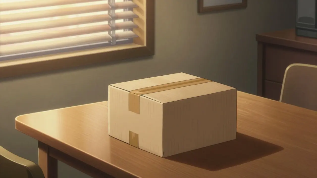 A pharmacy delivery package sitting on a table in a detailed home interior