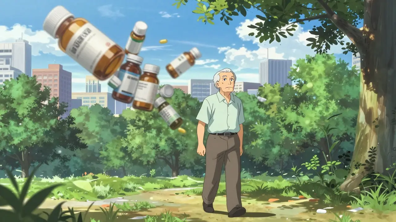 An alert senior walking in a park as images of medicine bottles fade away.