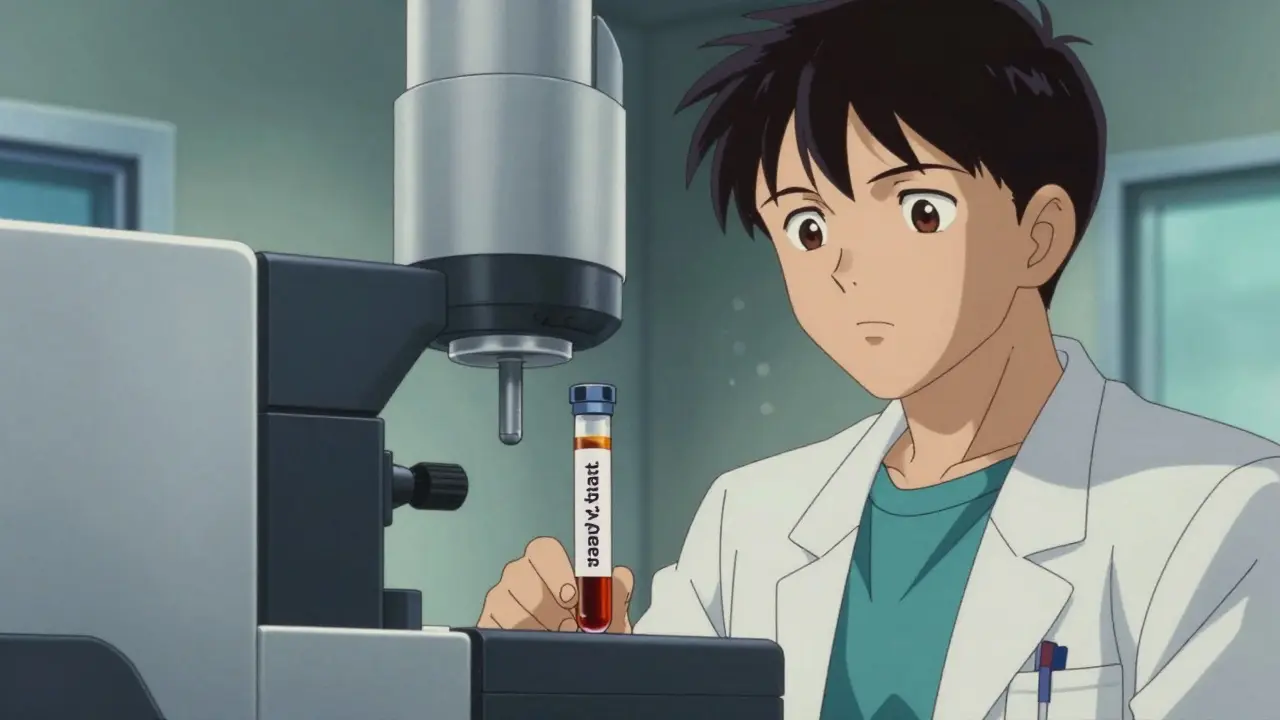 Close-up of a blood sample vial being analyzed in a high-tech medical lab.