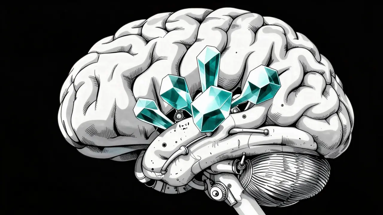 Detailed conceptual view of a brain showing blocked chemical receptors.