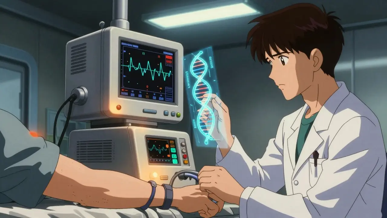 Doctor using futuristic equipment to analyze genetic markers for liver safety.