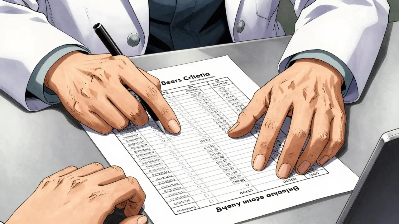 Hands of a doctor and patient reviewing a medication list in a clinical setting.