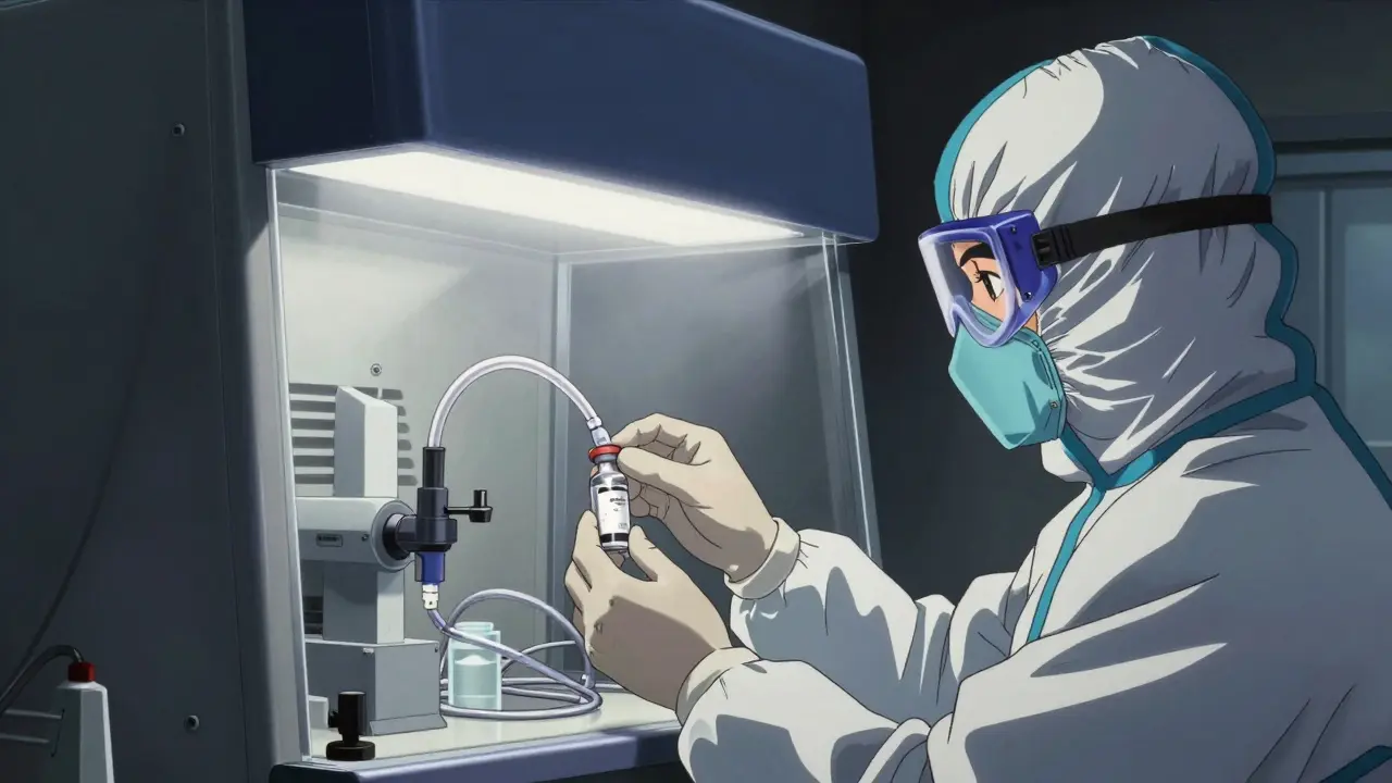 Healthcare worker in protective gear using a C-PEC hood for hazardous drugs.