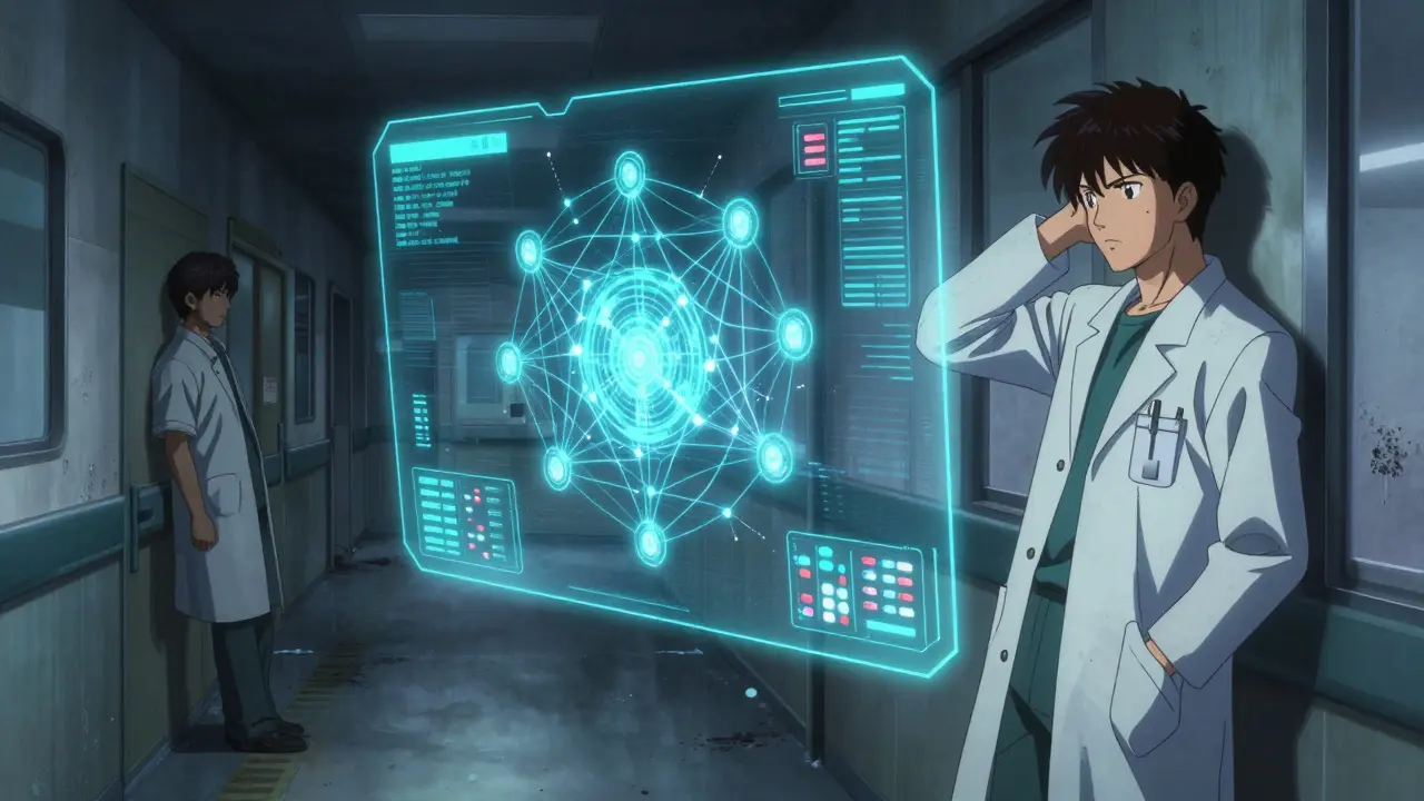 Holographic AI interface analyzing medication data in a hospital setting.