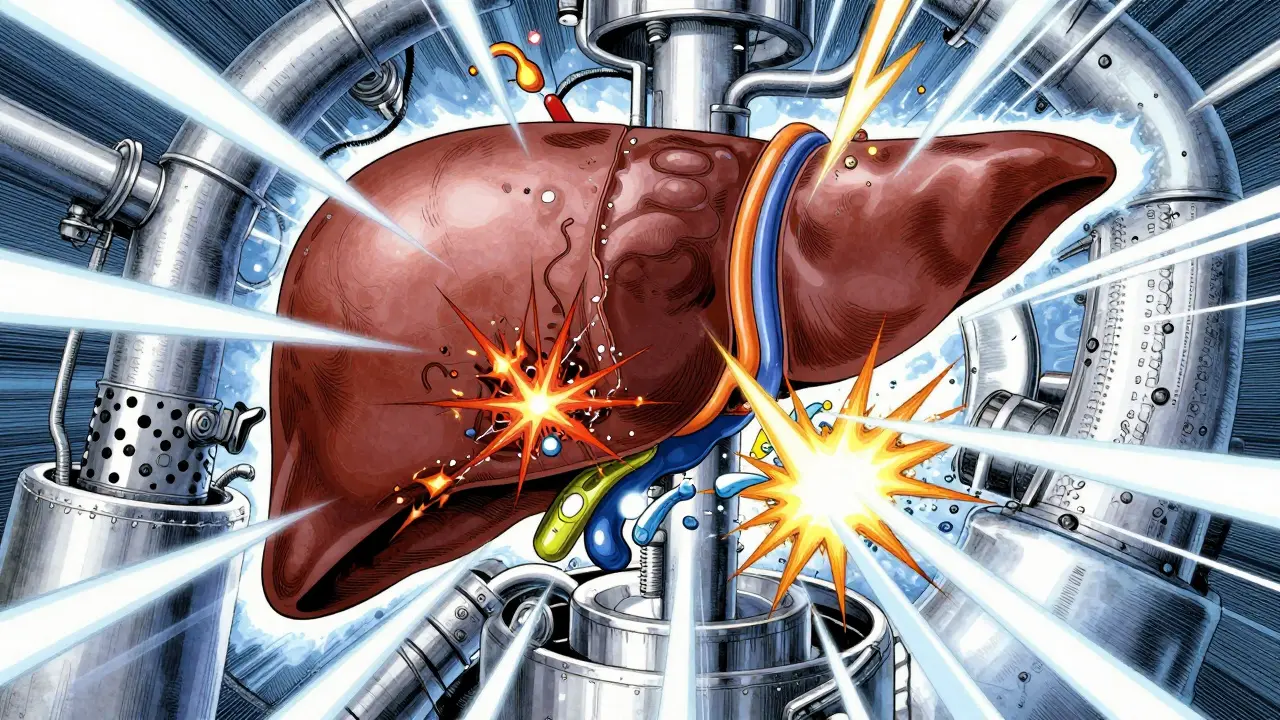 Industrial conceptual art of liver enzymes reaching a saturation point.