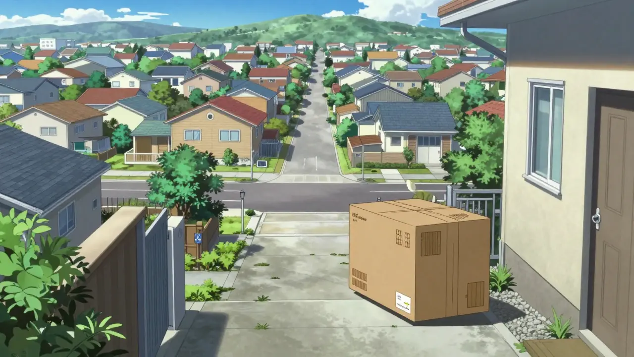 Medical package delivered to a suburban doorstep in a detailed neighborhood