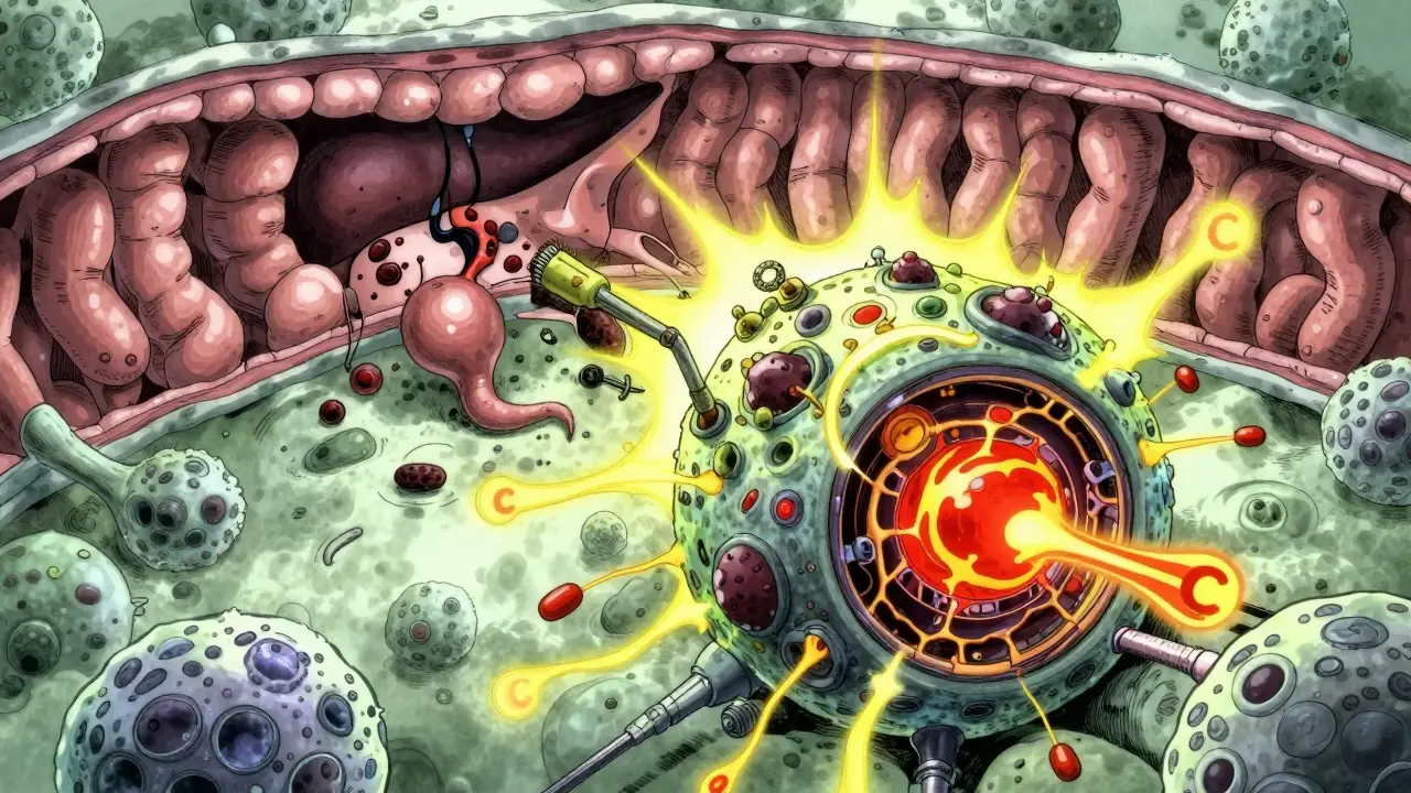 Microscopic view of a malfunctioning mitochondrion and a leaky intestinal barrier.