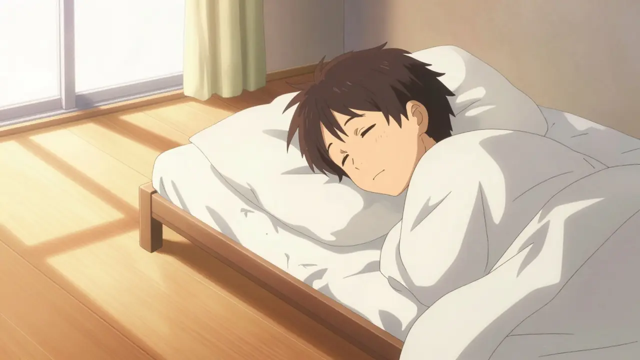 Person waking up refreshed in a bright, sunlit room.