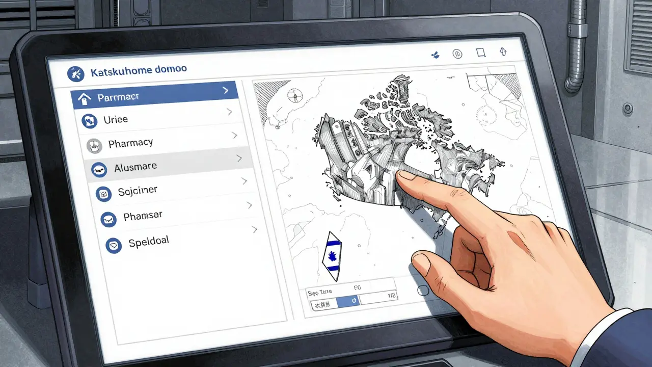 Technical screen showing international pharmacy options and maps
