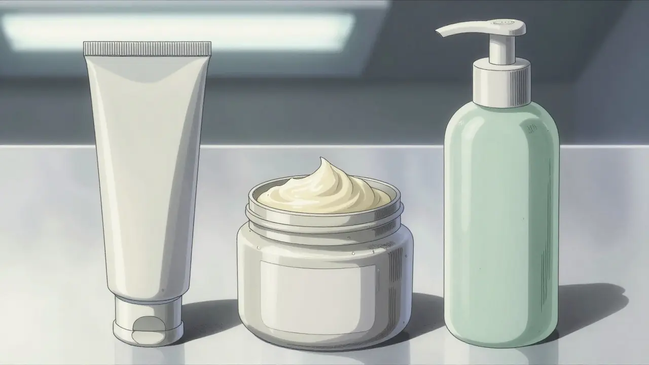 Three different types of medication: a cream tube, ointment jar, and lotion bottle