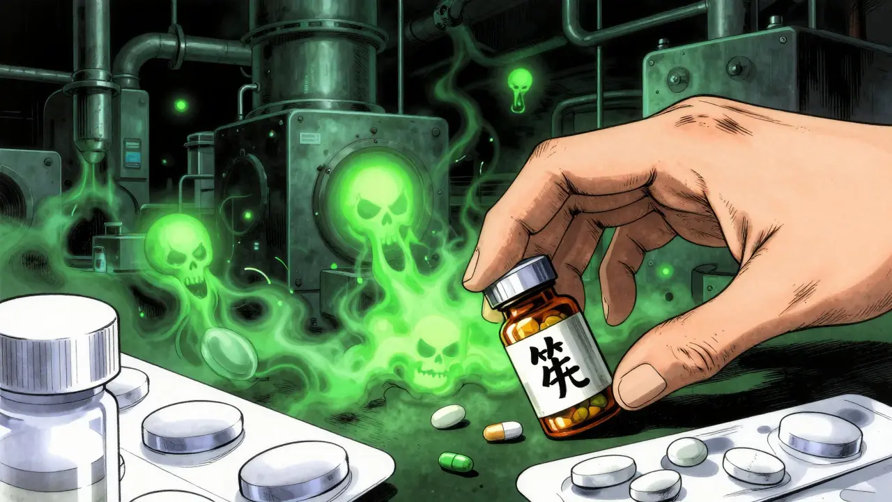A hand reaching for dangerous counterfeit pills in a shadowy, toxic underground laboratory setting.