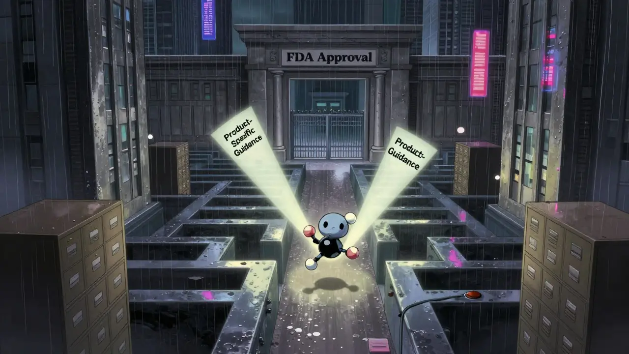 Anime depiction of a drug navigating a bureaucratic maze toward FDA approval