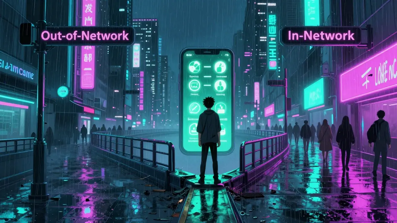 Character choosing between in-network and out-of-network therapy paths in a neon city.