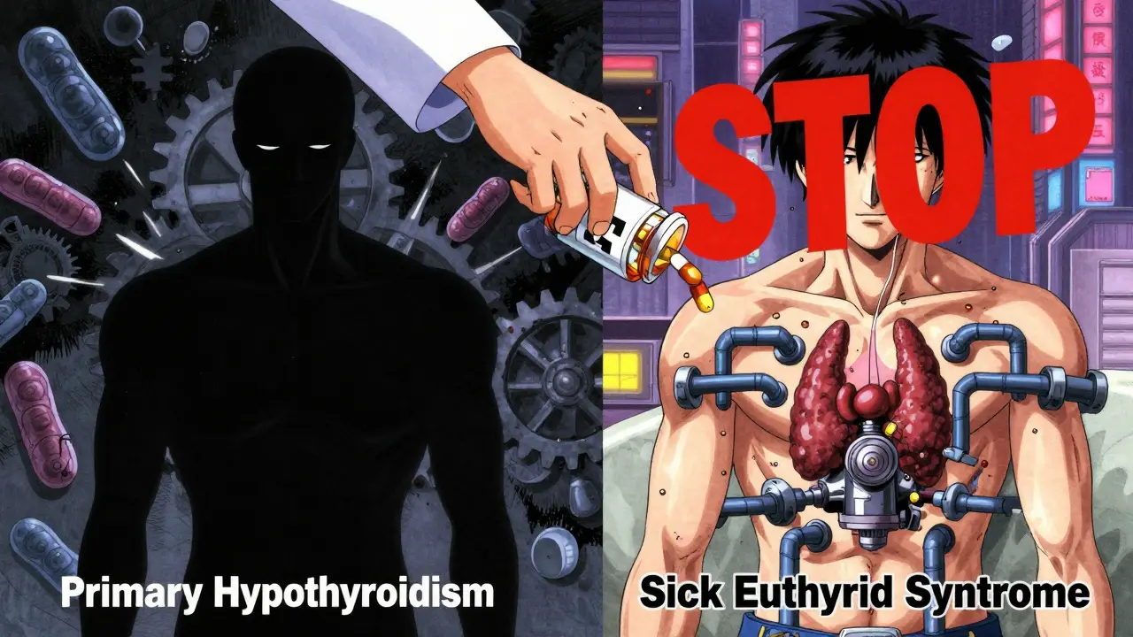 Contrast between hypothyroidism and sick euthyroid syndrome concepts