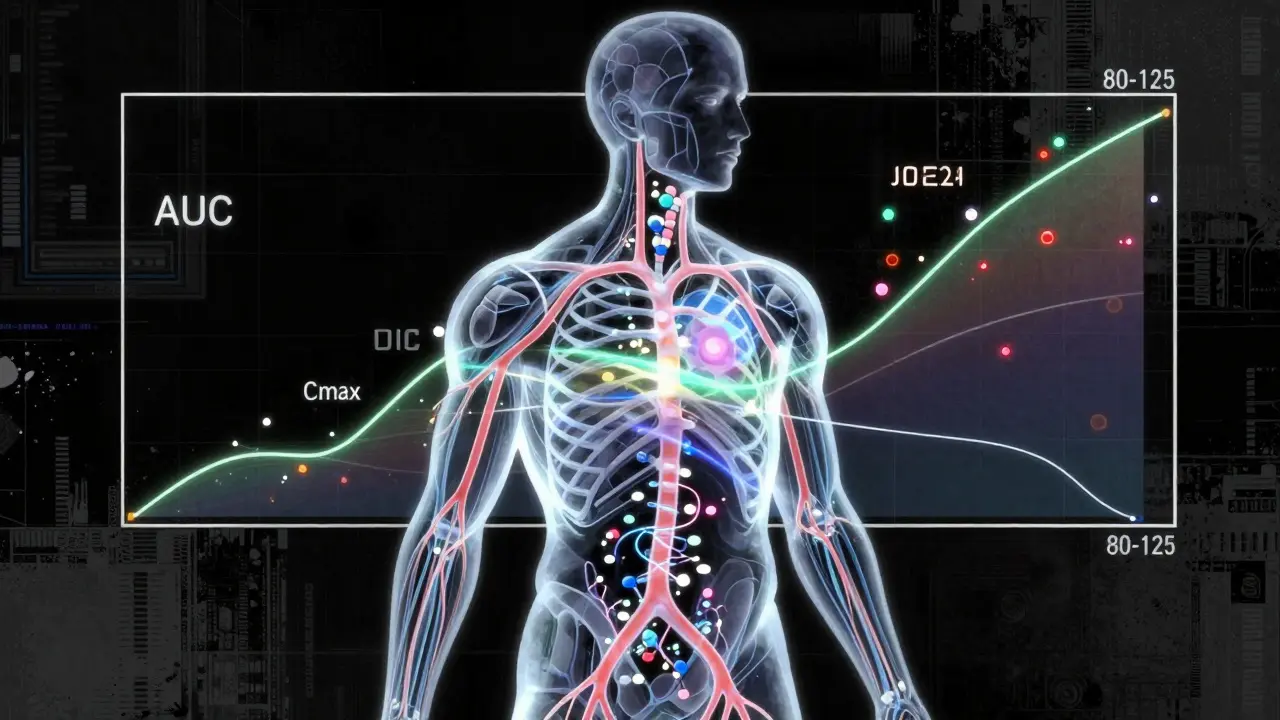 Cyberpunk illustration of drug absorption curves and blood flow in a human body