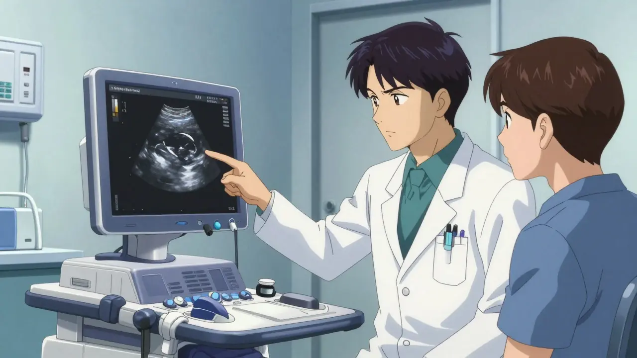 Doctor reviewing ultrasound results with a patient in a clinic