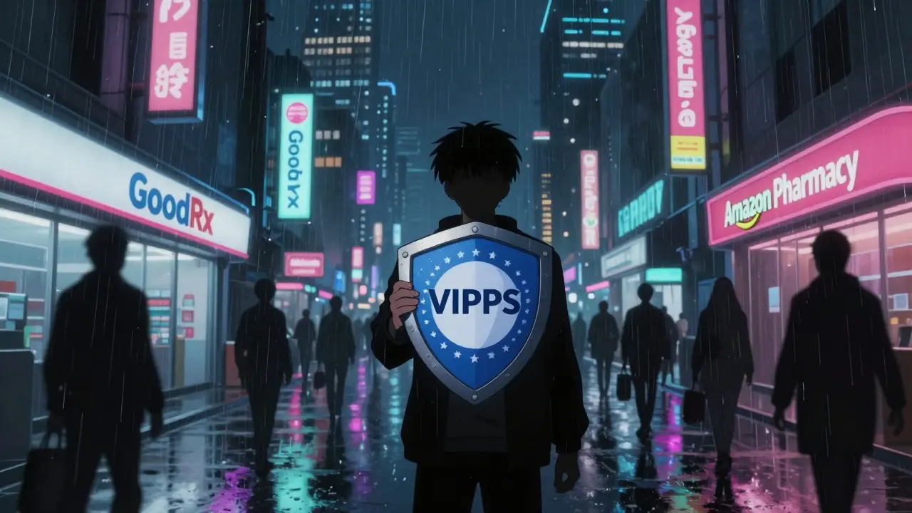 Futuristic city with pharmacy signs and safety verification symbol