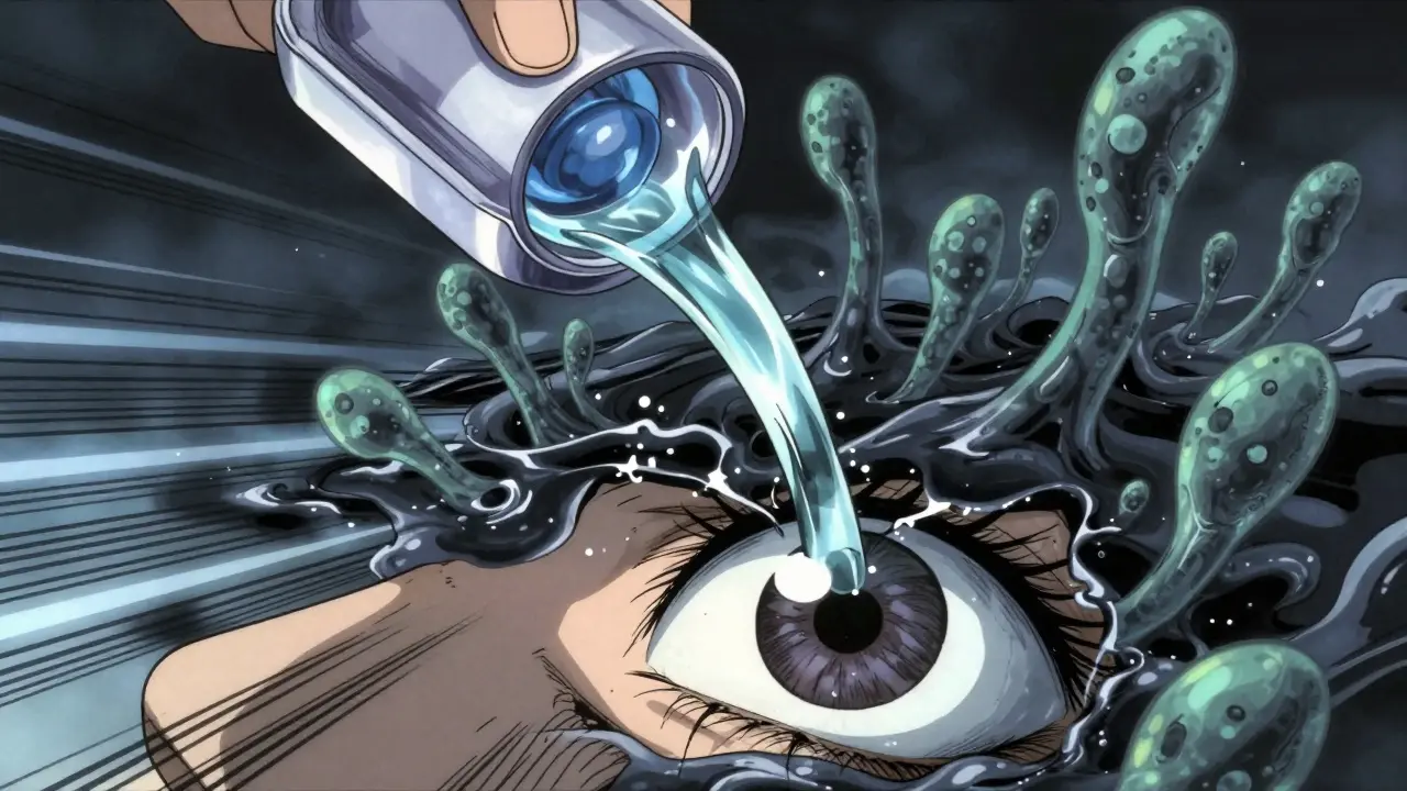 Manga illustration of dangerous tap water entering lens case