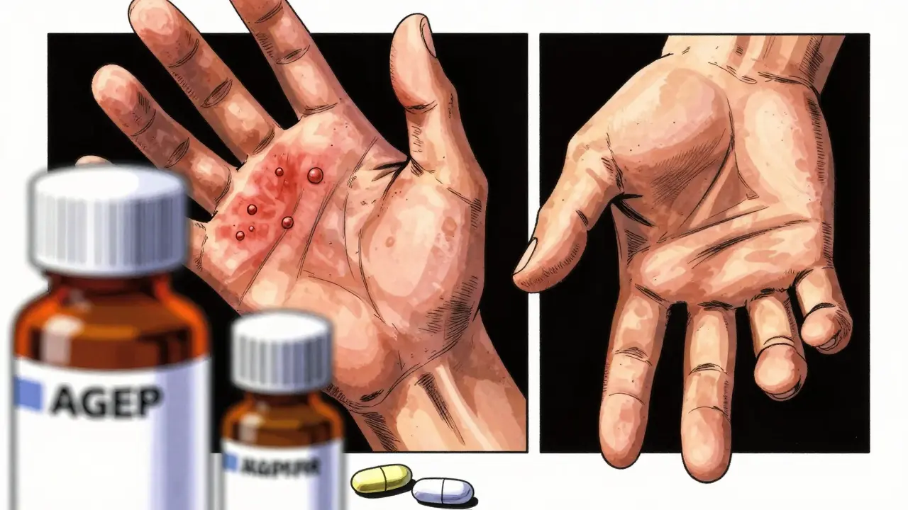 Manga style close-up of hands showing AGEP pustules and medication bottles