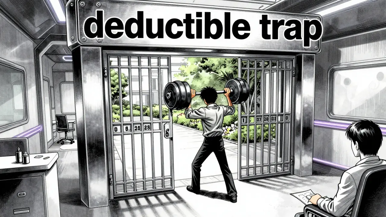 Metaphorical heavy gate blocking access to therapy, representing high deductibles.