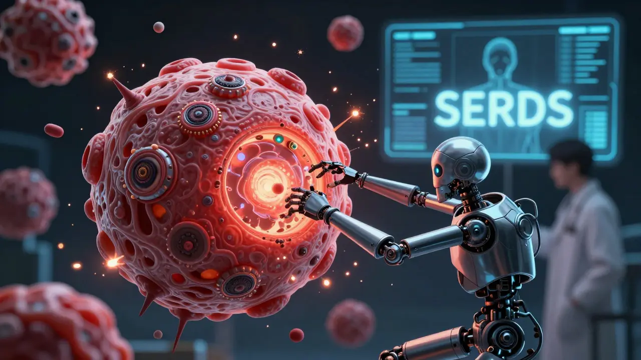 Nanobots destroying cancer receptors in a futuristic sci-fi medical illustration.
