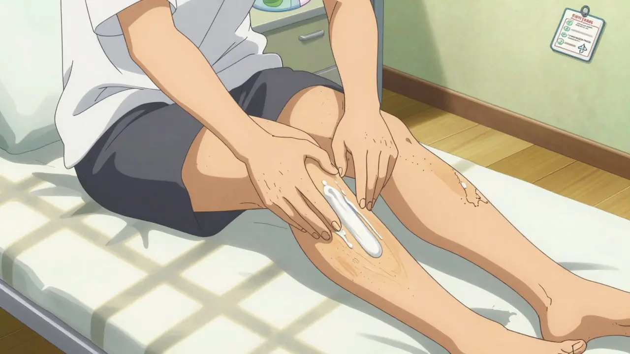 Otomo style drawing of a patient applying cream to peeling skin during recovery