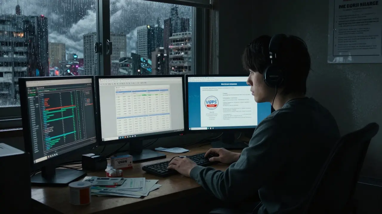 Person researching safe medication options on glowing screens