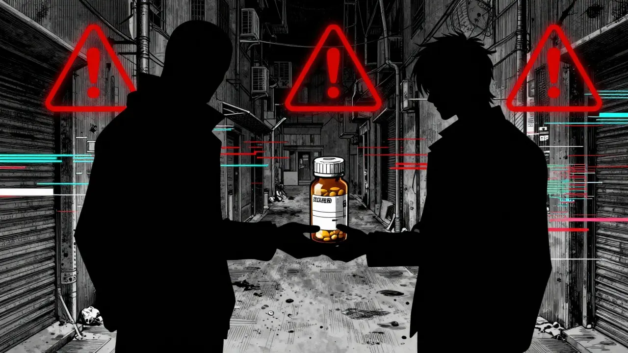 Shadowy figure exchanging suspicious pills in a dark, risky environment